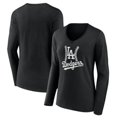 Los Angeles Dodgers Women's Fastball Long Sleeve V-Neck T-Shirt - Black