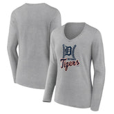 Detroit Tigers Women's Fastball Long Sleeve V-Neck T-Shirt - Gray
