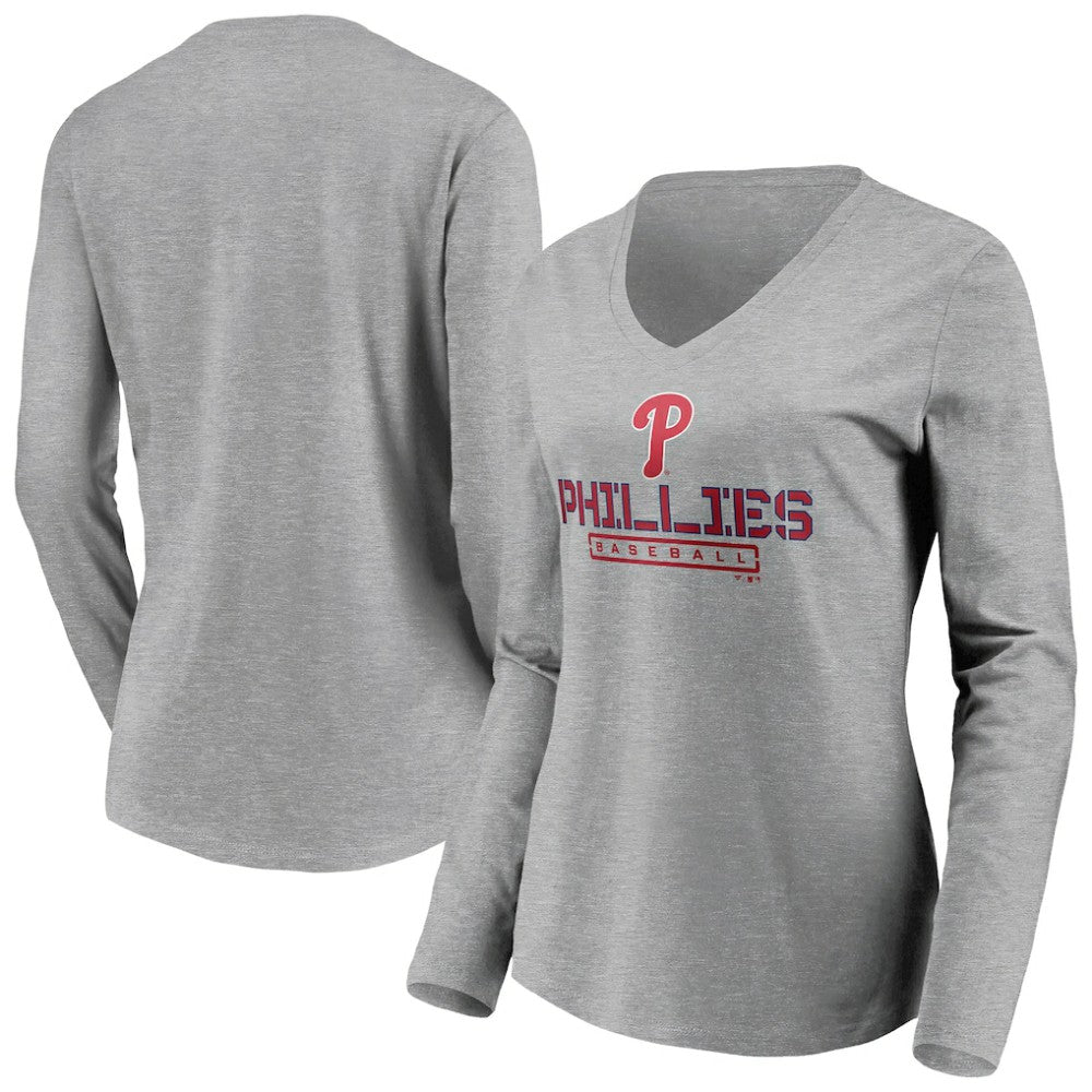 Philadelphia Phillies Women's Evanston Stencil Long Sleeve V-Neck T-Shirt - Gray