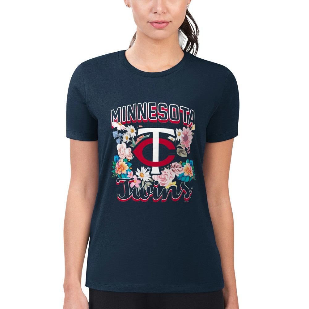 Minnesota Twins G-III 4Her by Carl Banks Women's Super-Slim Fit Lightweight Flowers Graphic T-Shirt - Navy