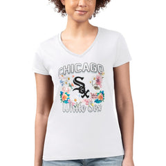 Chicago White Sox G-III 4Her by Carl Banks Women's Super-Slim Fit Lightweight Flowers Graphic V-Neck T-Shirt - White