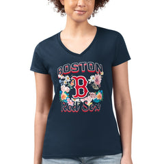 Boston Red Sox G-III 4Her by Carl Banks Women's Super-Slim Fit Lightweight Flowers Graphic V-Neck T-Shirt - Navy