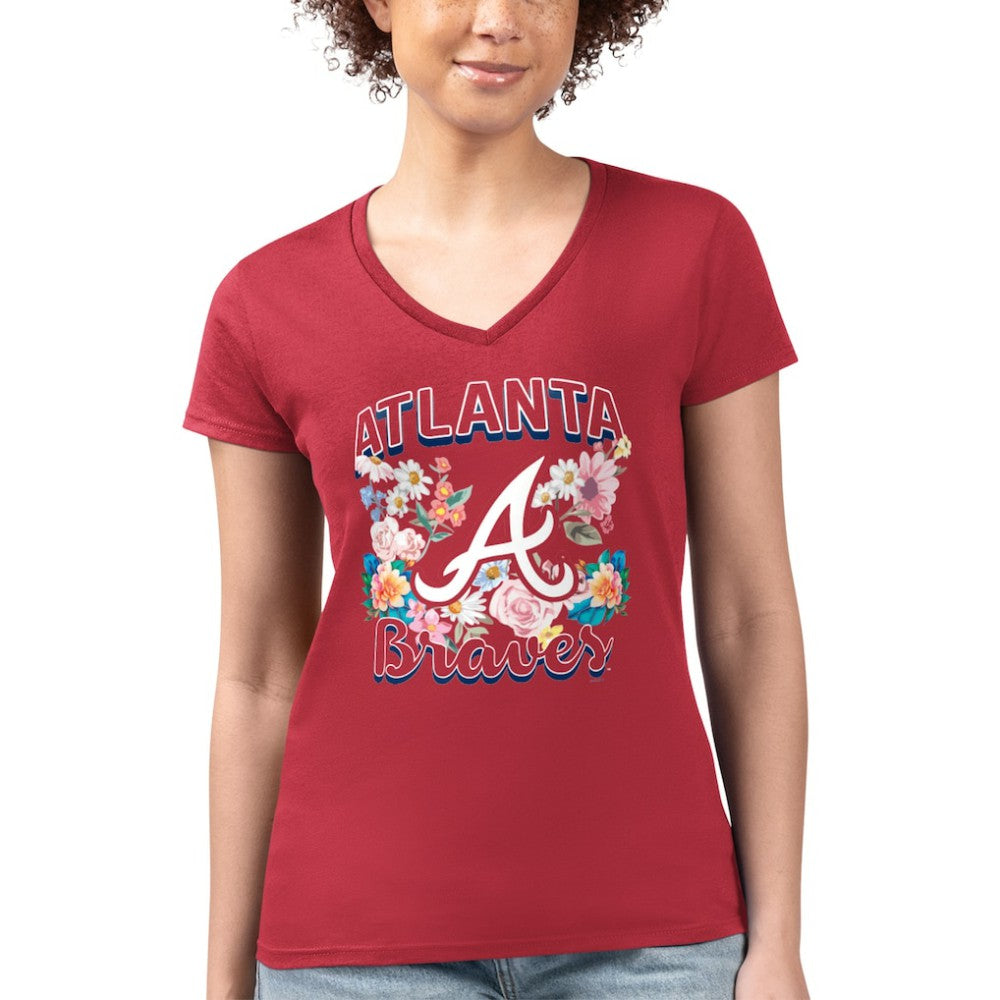 Atlanta Braves G-III 4Her by Carl Banks Women's Super-Slim Fit Lightweight Flowers Graphic V-Neck T-Shirt - Red