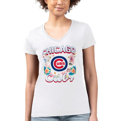 Chicago Cubs G-III 4Her by Carl Banks Women's Super-Slim Fit Lightweight Flowers Graphic V-Neck T-Shirt - White