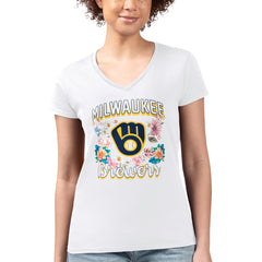 Milwaukee Brewers G-III 4Her by Carl Banks Women's Super-Slim Fit Lightweight Flowers Graphic V-Neck T-Shirt - White