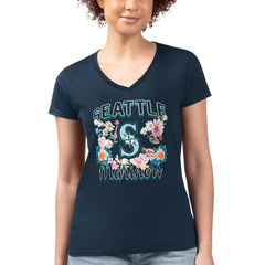 Seattle Mariners G-III 4Her by Carl Banks Women's Super-Slim Fit Lightweight Flowers Graphic V-Neck T-Shirt - Navy