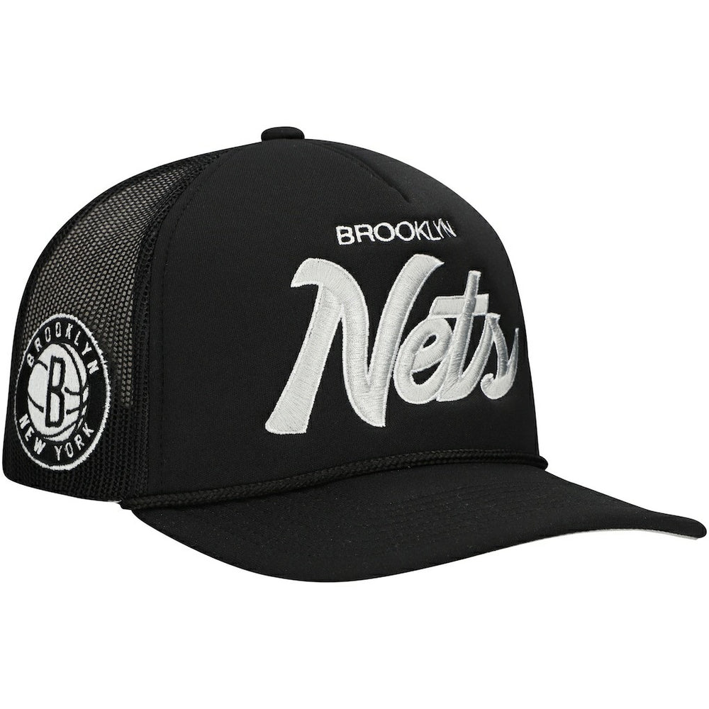 Brooklyn Nets Script Trucker Adjustable Hat - Black | Mitchell & Ness outlet