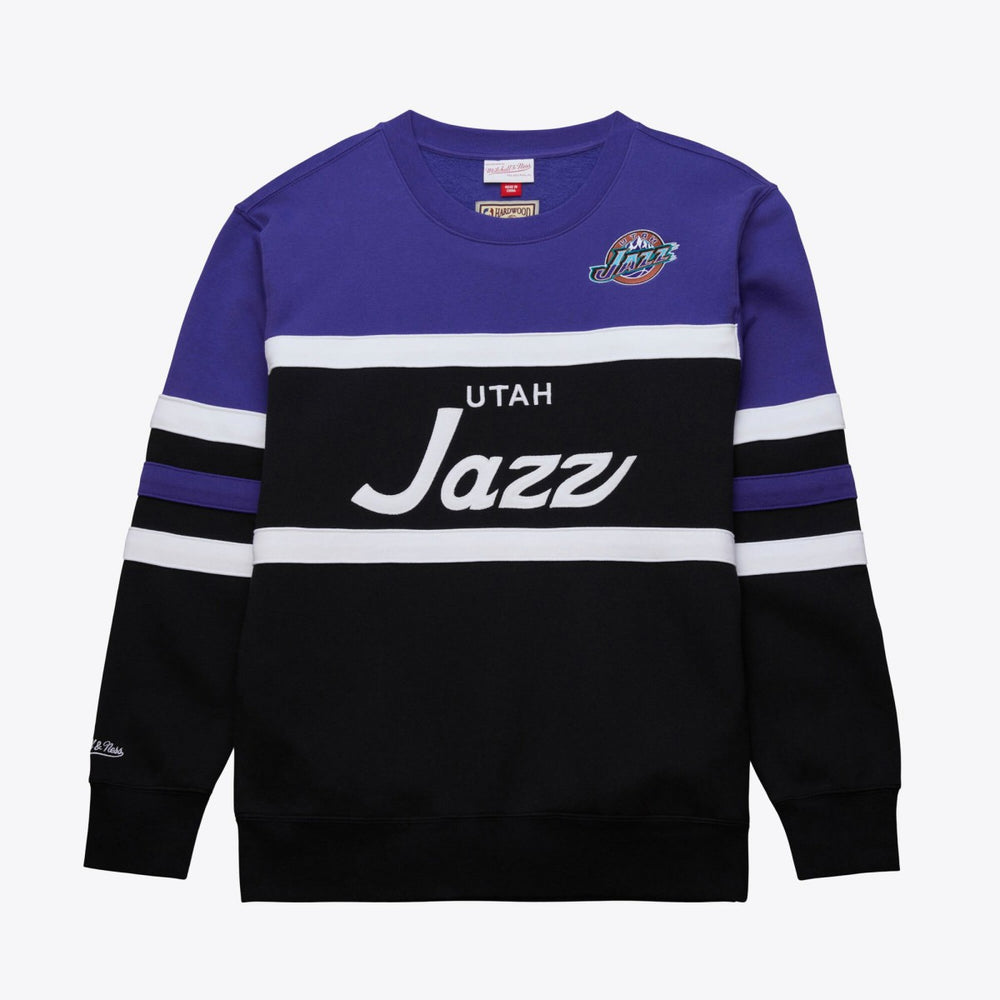 Utah Jazz Hardwood Classics Vintage Logo Head Coach Pullover Sweatshirt - Black/Purple | Mitchell & Ness sale