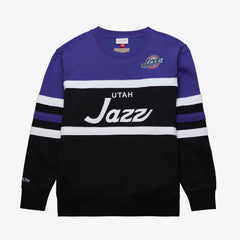 Utah Jazz Hardwood Classics Vintage Logo Head Coach Pullover Sweatshirt - Black/Purple | Mitchell & Ness sale