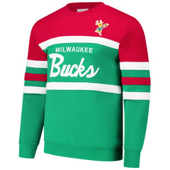 Milwaukee Bucks Hardwood Classics Vintage Logo Head Coach Pullover Sweatshirt - Green/Red | Mitchell & Ness for sale