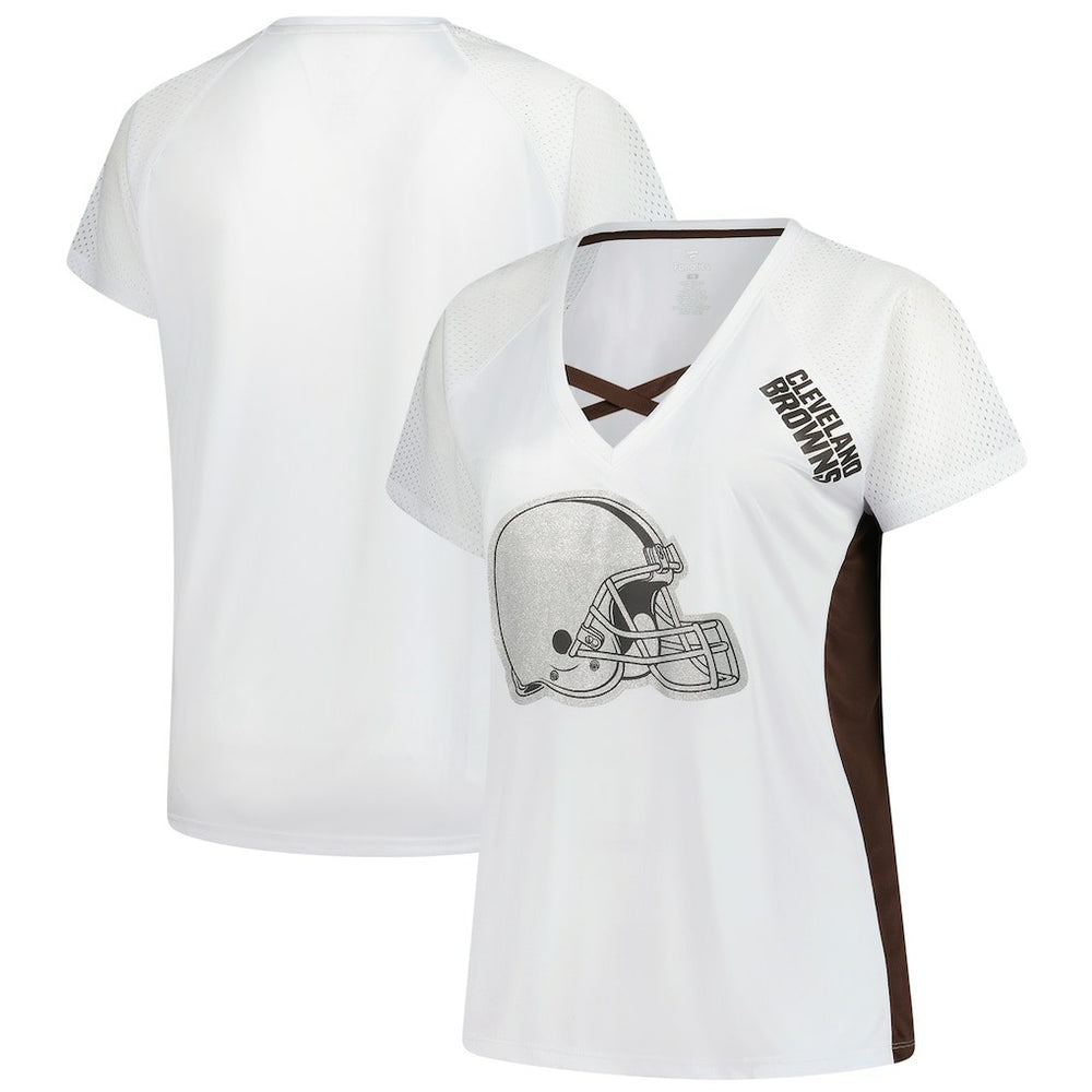 NFL Cleveland Browns Women's Plus Size Glitter Lace-Up V- Neck T-Shirt