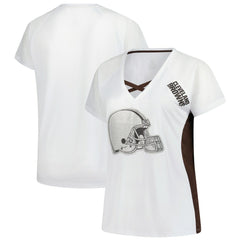 NFL Cleveland Browns Women's Plus Size Glitter Lace-Up V- Neck T-Shirt