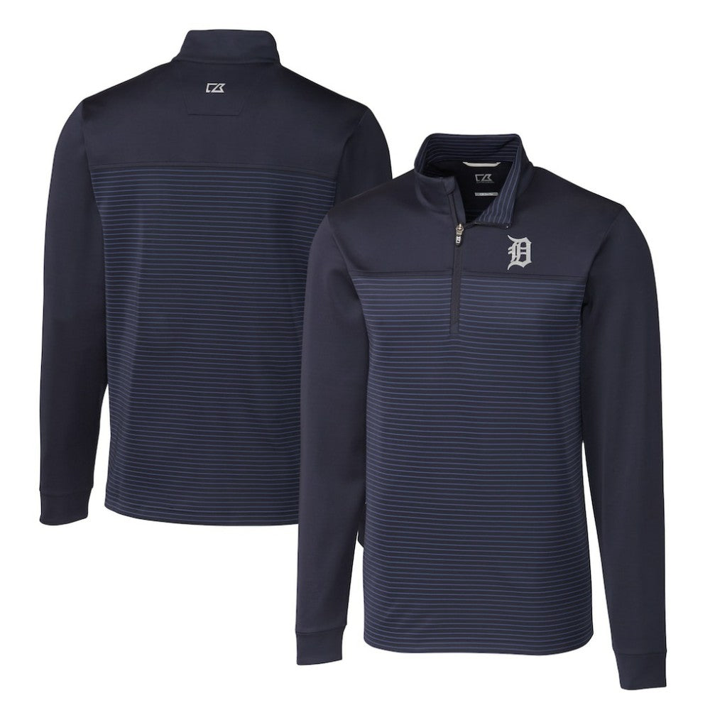 Detroit Tigers Cutter & Buck Big & Tall Traverse Stripe Stretch DryTec Quarter-Zip Top - Navy