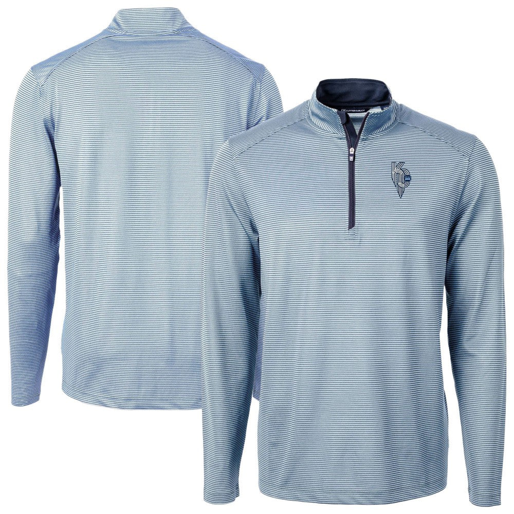 Kansas City Royals Cutter & Buck Virtue Eco Pique Micro Stripe Recycled Quarter-Zip Pullover Top - Light Blue