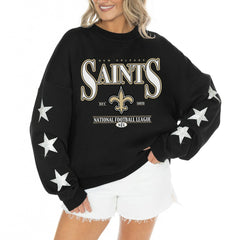 NFL New Orleans Saints Gameday Couture Women's Rhinestone Star Sleeve Settle the Score Oversized Tri-Blend Pullover