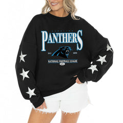 NFL Carolina Panthers Gameday Couture Women's Rhinestone Star Sleeve Settle the Score Oversized Tri-Blend Pullover