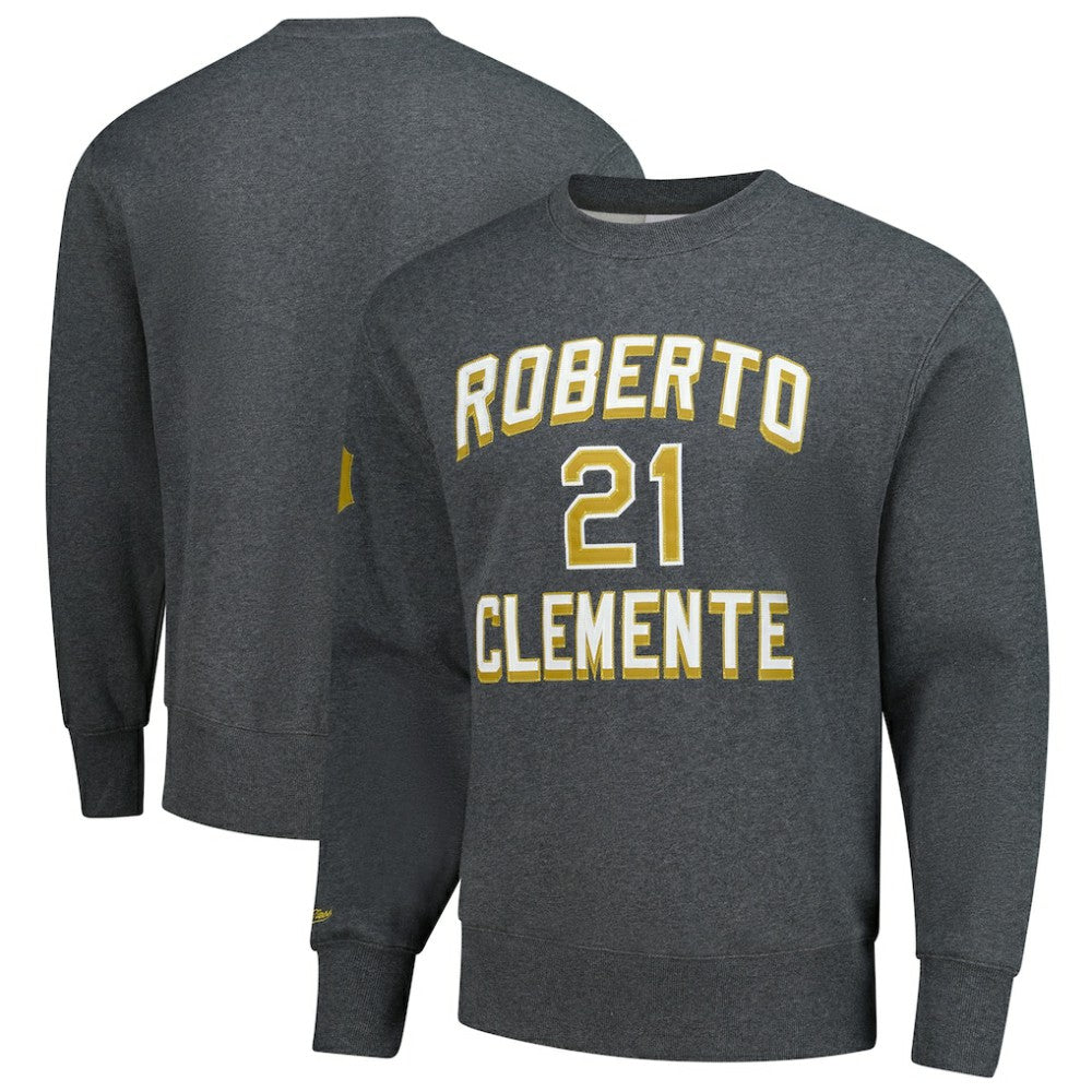 Roberto Clemente Pittsburgh Pirates Legends Collection Vintage Logo Name & Number Fleece Pullover Sweatshirt - Heather Charcoal | Mitchell & Ness