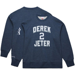 Derek Jeter New York Yankees Legends Collection Vintage Logo Fleece Name & Number Pullover Sweatshirt - Heather Navy | Mitchell & Ness