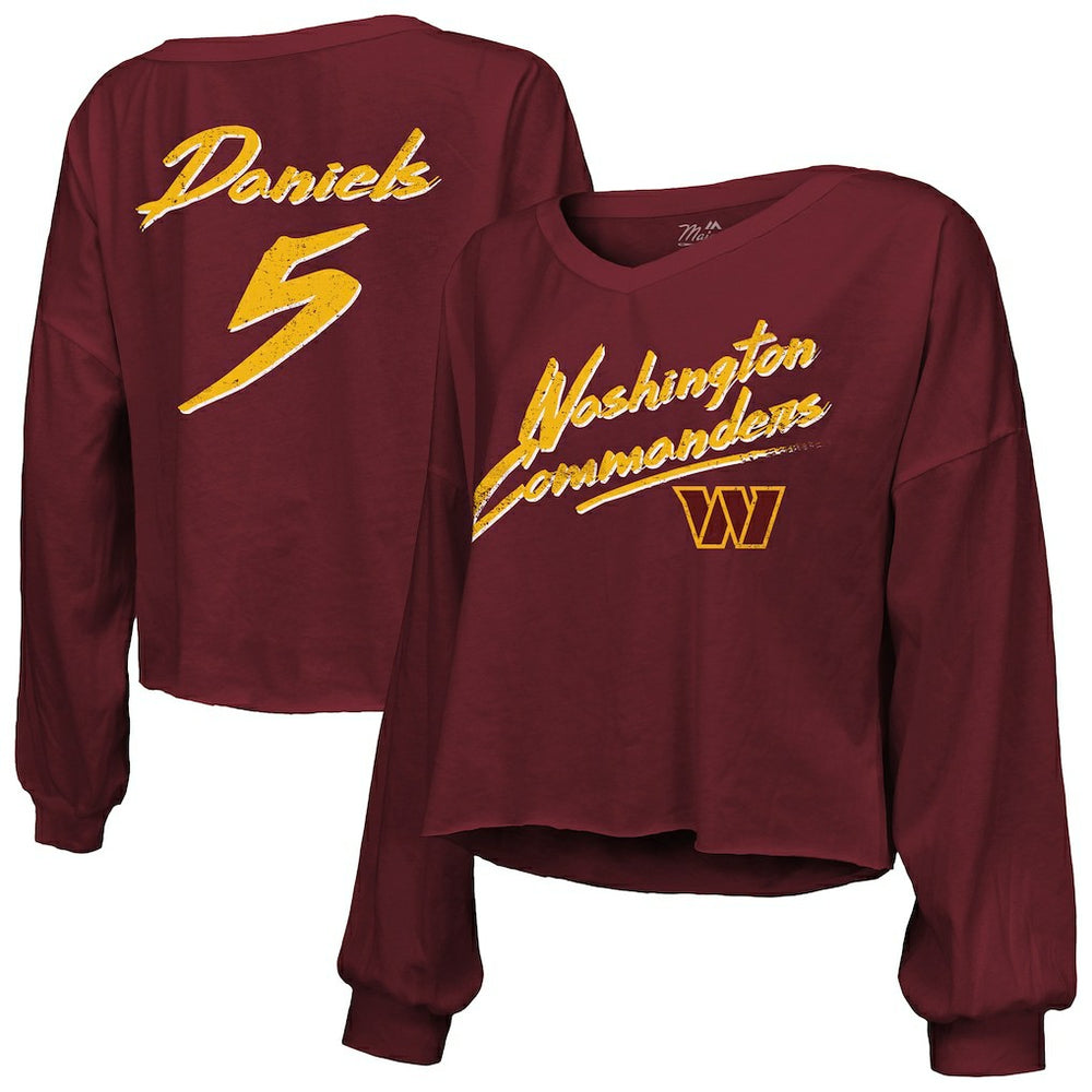 NFL Washington Commanders Jayden Daniels Majestic Threads Women's Name & Number Off-Shoulder Script Cropped Long Sleeve Relaxed V-Neck T-Shirt