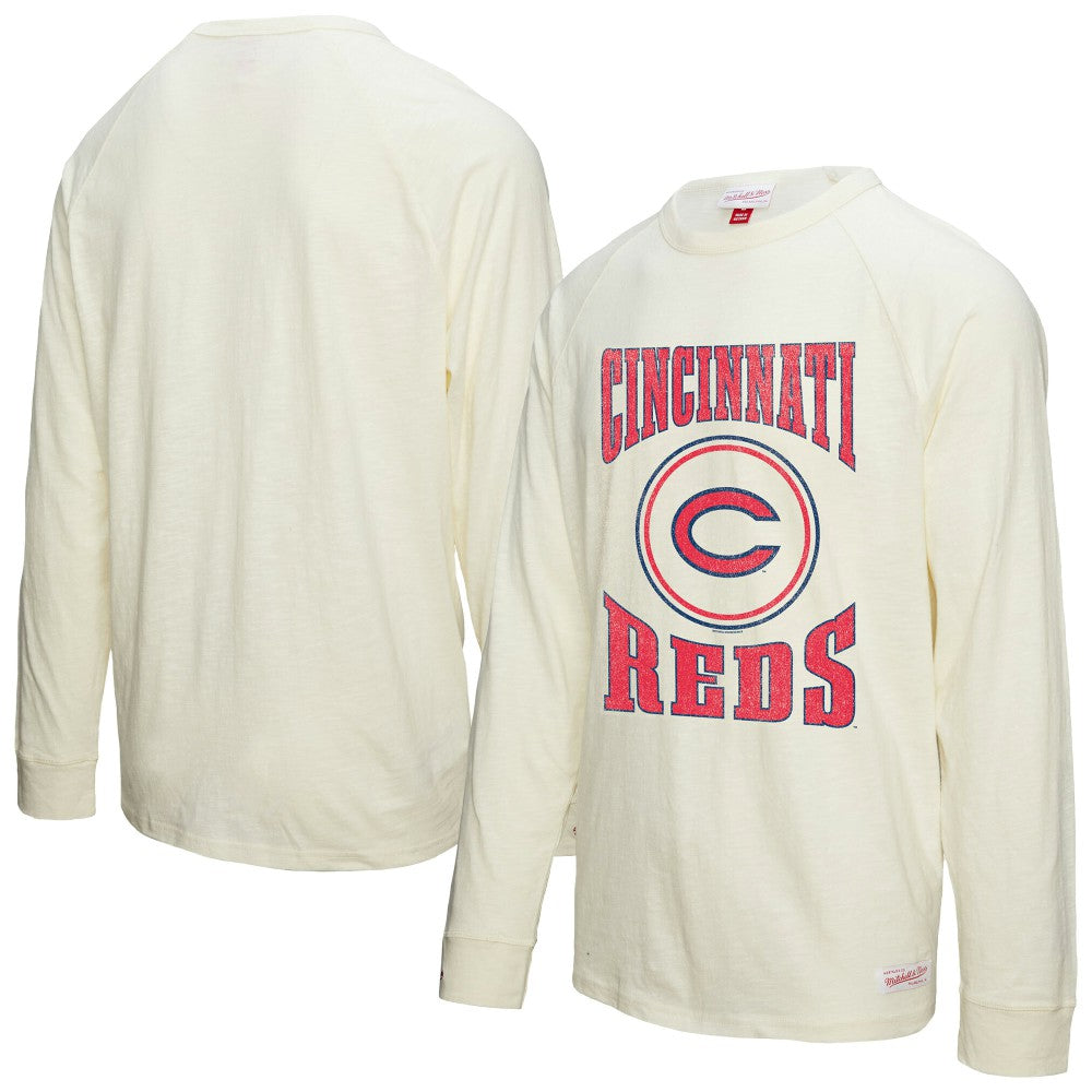 Cincinnati Reds Arched Logo Slub Long Sleeve T-Shirt - Cream | Mitchell & Ness