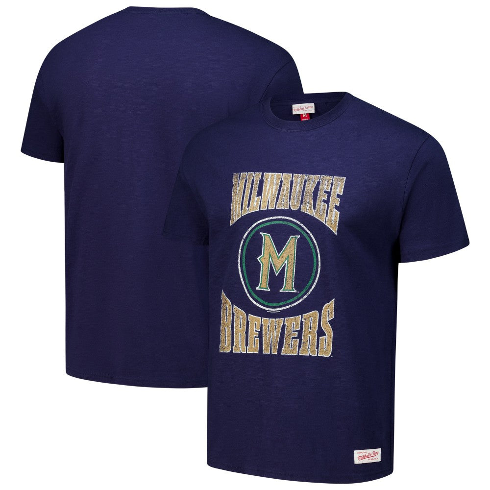 Milwaukee Brewers Arched Logo Slub T-Shirt - Navy | Mitchell & Ness