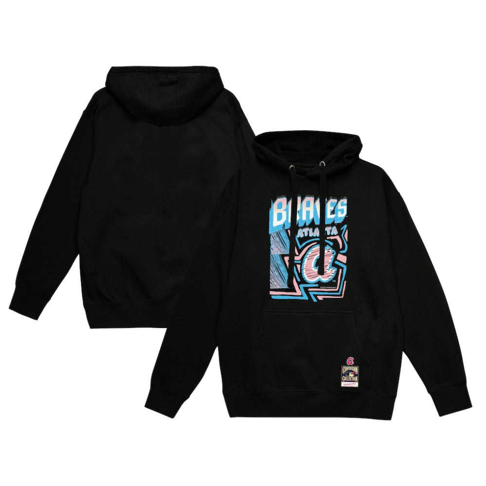 Atlanta Braves Sidewalk Sketch Pullover Hoodie - Black | Mitchell & Ness