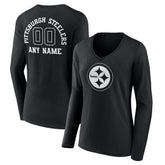 NFL Pittsburgh Steelers Women's Personalized Name & Number Monochrome Long Sleeve V-Neck T-Shirt