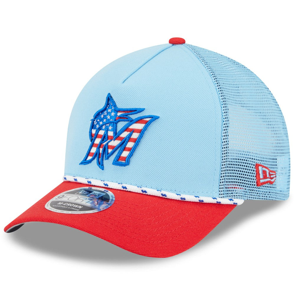 Miami Marlins 2025 Fourth of July 9FORTY A-Frame M-Crown Adjustable Trucker Hat - Light Blue/Red | New Era