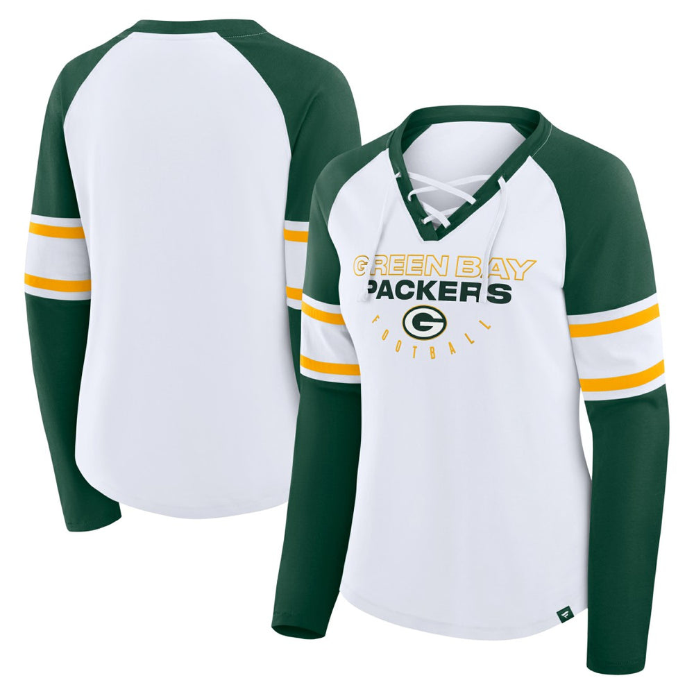 NFL Green Bay Packers Women's Redzone Blitz Package Raglan Lace-Up V-Neck Long Sleeve T-Shirt