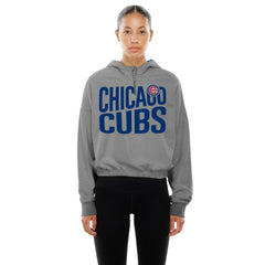 Chicago Cubs Women's Reversed Out French Terry Quarter-Zip Banded Crop Hoodie - Heather Gray | New Era