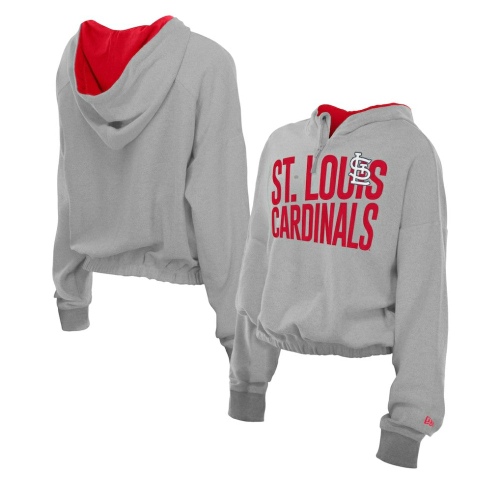 St. Louis Cardinals Women's Reversed Out French Terry Quarter-Zip Banded Crop Hoodie - Heather Gray | New Era