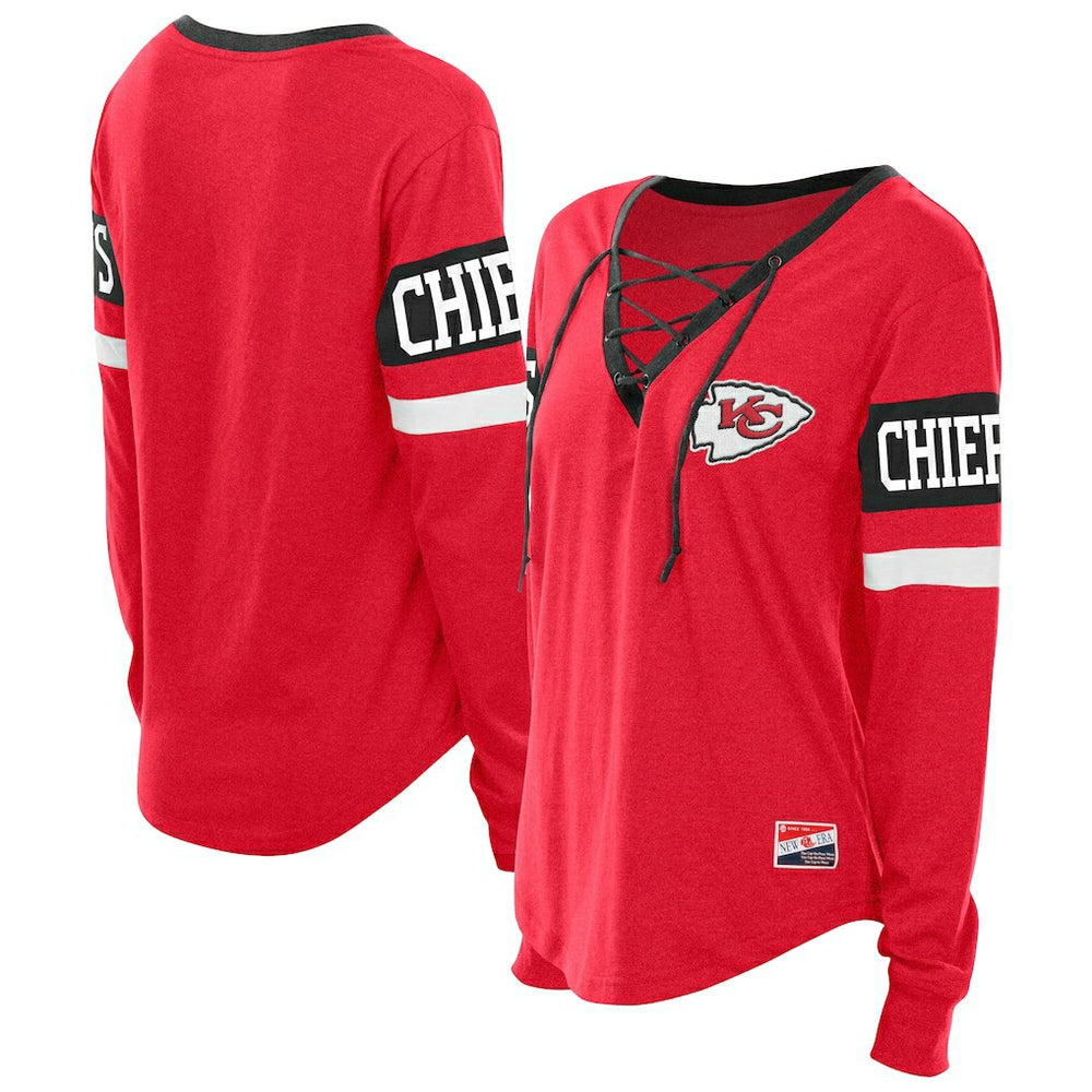 NFL Kansas City Chiefs Women's Plus Size Throwback Lace-Up Long Sleeve T-Shirt