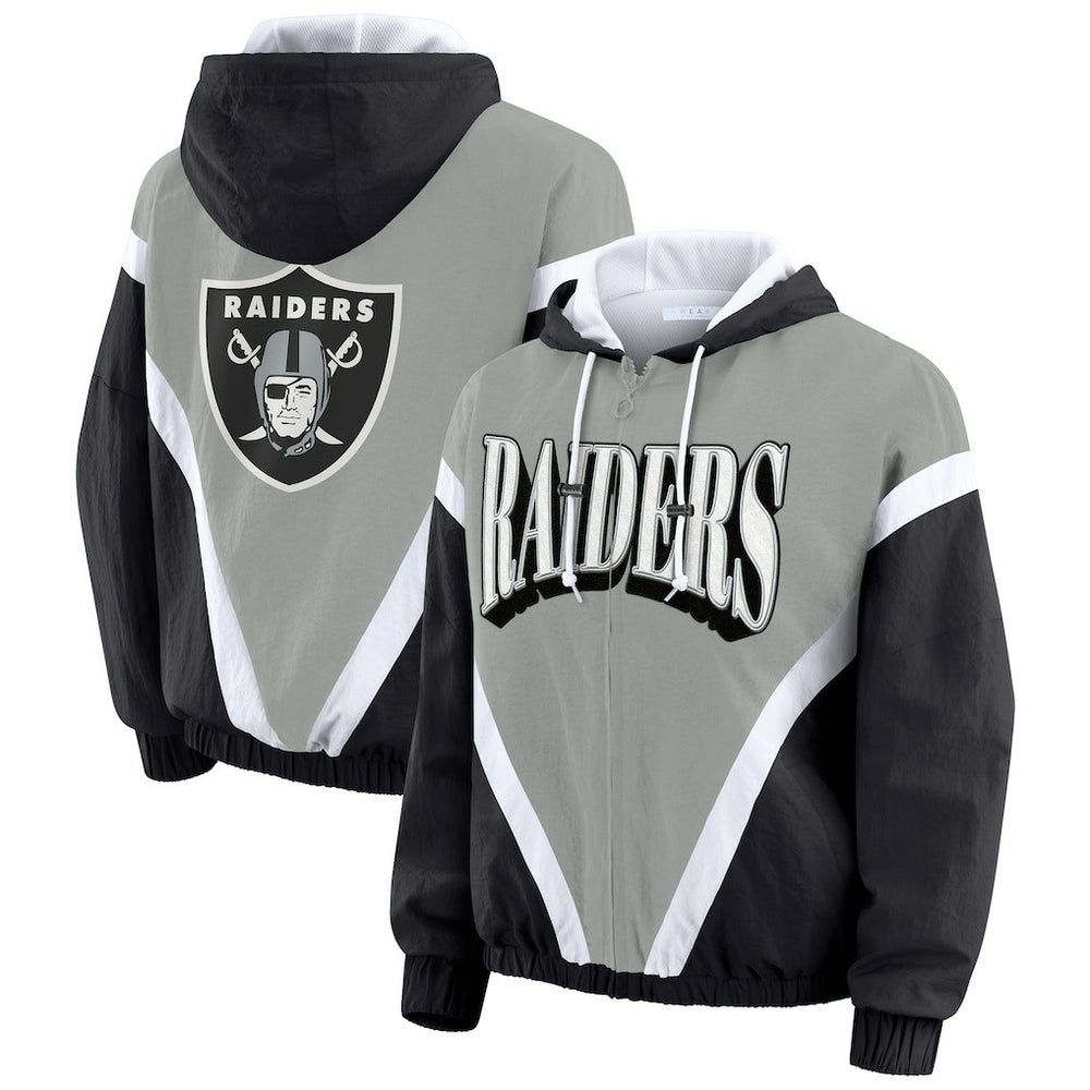 NFL Las Vegas Raiders WEAR by Erin Andrews Women's Plus Size Retro Crinkle Full-Zip Hoodie Windbreaker Jacket