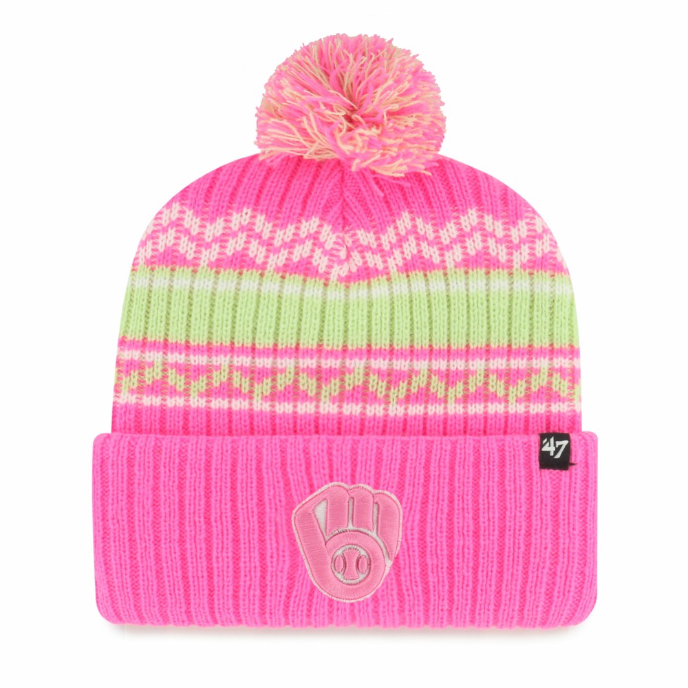 Milwaukee Brewers Youth Polar Vortex Cuffed Knit Hat with Pom - Pink | 47 brand
