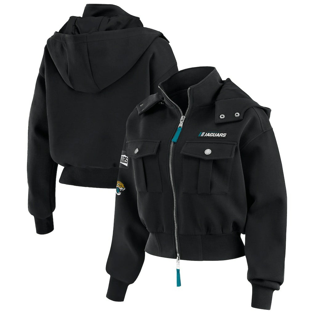 NFL Jacksonville Jaguars WEAR by Erin Andrews Women's Tri-Blend Patch Pocket Cropped Full-Zip Bomber Hoodie Jacket