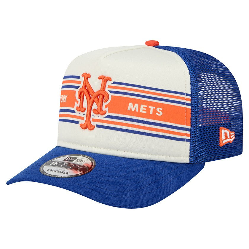 New York Mets Banner A-Frame 9FIFTY Trucker Snapback Hat - Cream/Royal | New Era