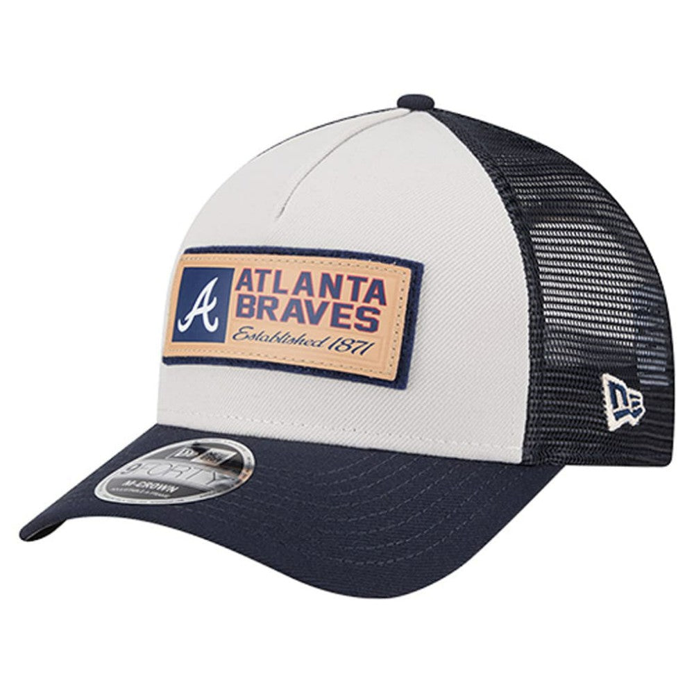 Atlanta Braves Text A-Frame Trucker 9FORTY Hat - Stone/Navy | New Era