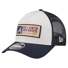 Atlanta Braves Text A-Frame Trucker 9FORTY Hat - Stone/Navy | New Era