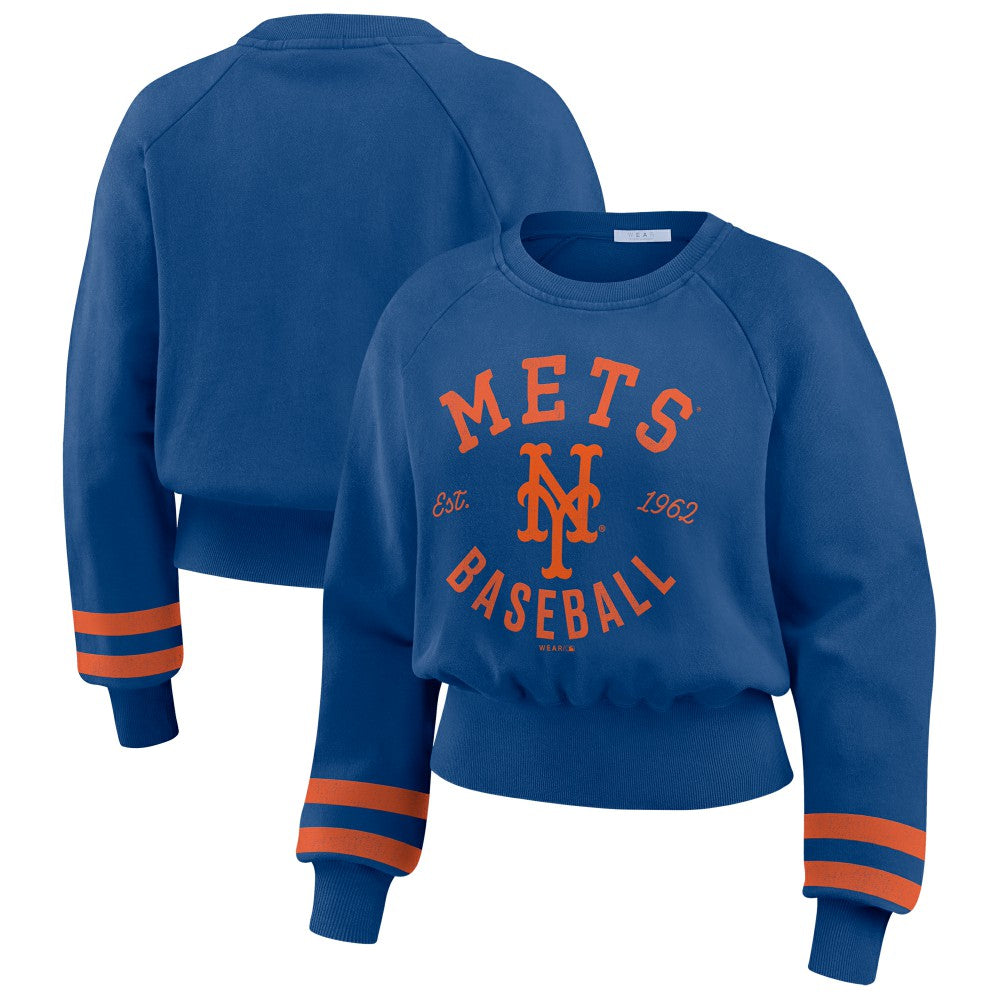 New York Mets WEAR by Erin Andrews Women's Vintage Washed Cropped Pullover Sweatshirt - Royal
