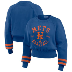 New York Mets WEAR by Erin Andrews Women's Vintage Washed Cropped Pullover Sweatshirt - Royal