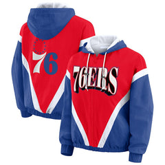 Philadelphia 76ers WEAR by Erin Andrews Women's Colorblock Full-Zip Hoodie Windbreaker Jacket - Red/Royal shop