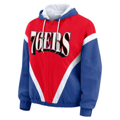 Philadelphia 76ers WEAR by Erin Andrews Women's Colorblock Full-Zip Hoodie Windbreaker Jacket - Red/Royal shop