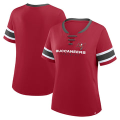 NFL Tampa Bay Buccaneers Women's Plus Size Red Zone Athena Lace-Up V-Notch Neck T-Shirt