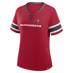 NFL Tampa Bay Buccaneers Women's Plus Size Red Zone Athena Lace-Up V-Notch Neck T-Shirt
