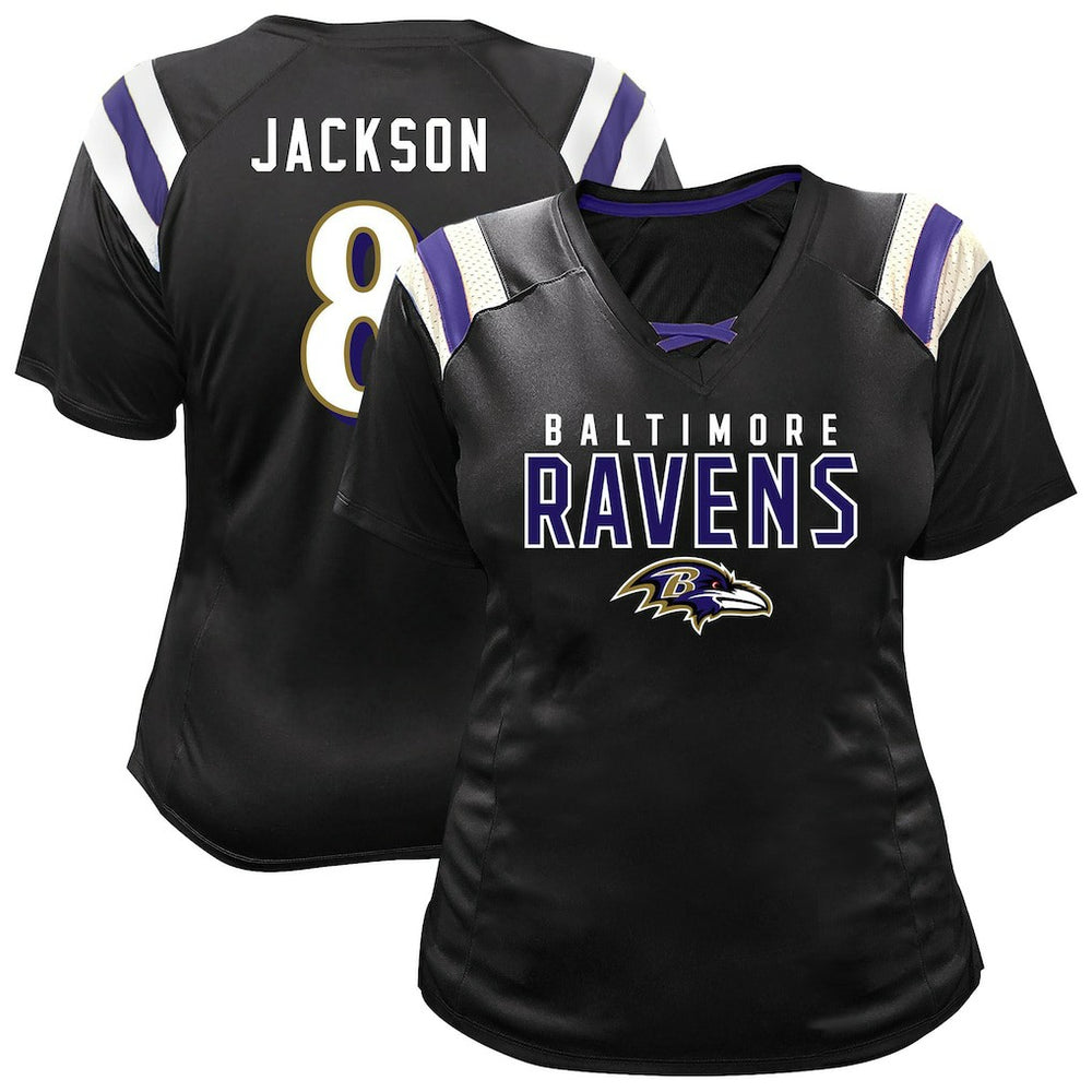 NFL Baltimore Ravens Lamar Jackson Women's Plus Size Name & Number Raglan Lace V-Neck T-Shirt