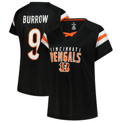 NFL Cincinnati Bengals Joe Burrow Women's Plus Size Name & Number Raglan Lace V-Neck T-Shirt