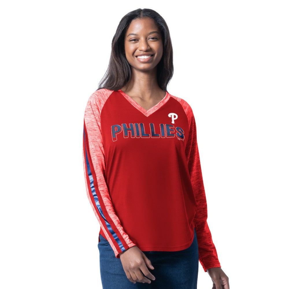 Philadelphia Phillies G-III 4Her by Carl Banks Women's Top Dog Raglan Long Sleeve V-Neck T-Shirt - Red