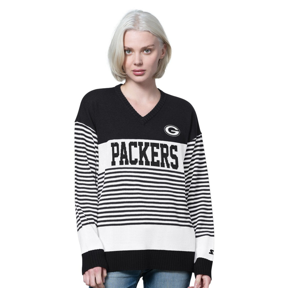NFL Green Bay Packers Starter Women's No Huddle Striped V-Neck Sweater