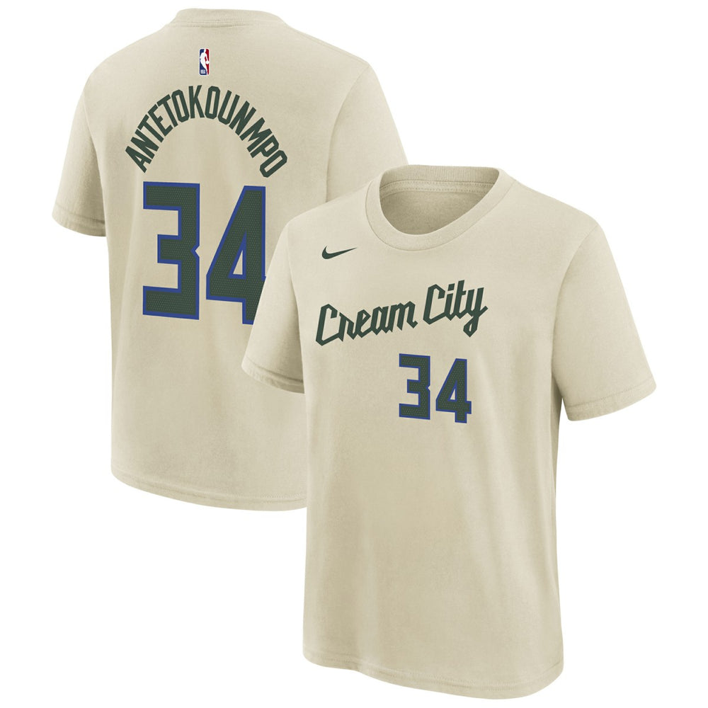 Giannis Antetokounmpo Milwaukee Bucks Youth 2025/26 City Edition Name & Number T-Shirt - Cream | Nike outlet