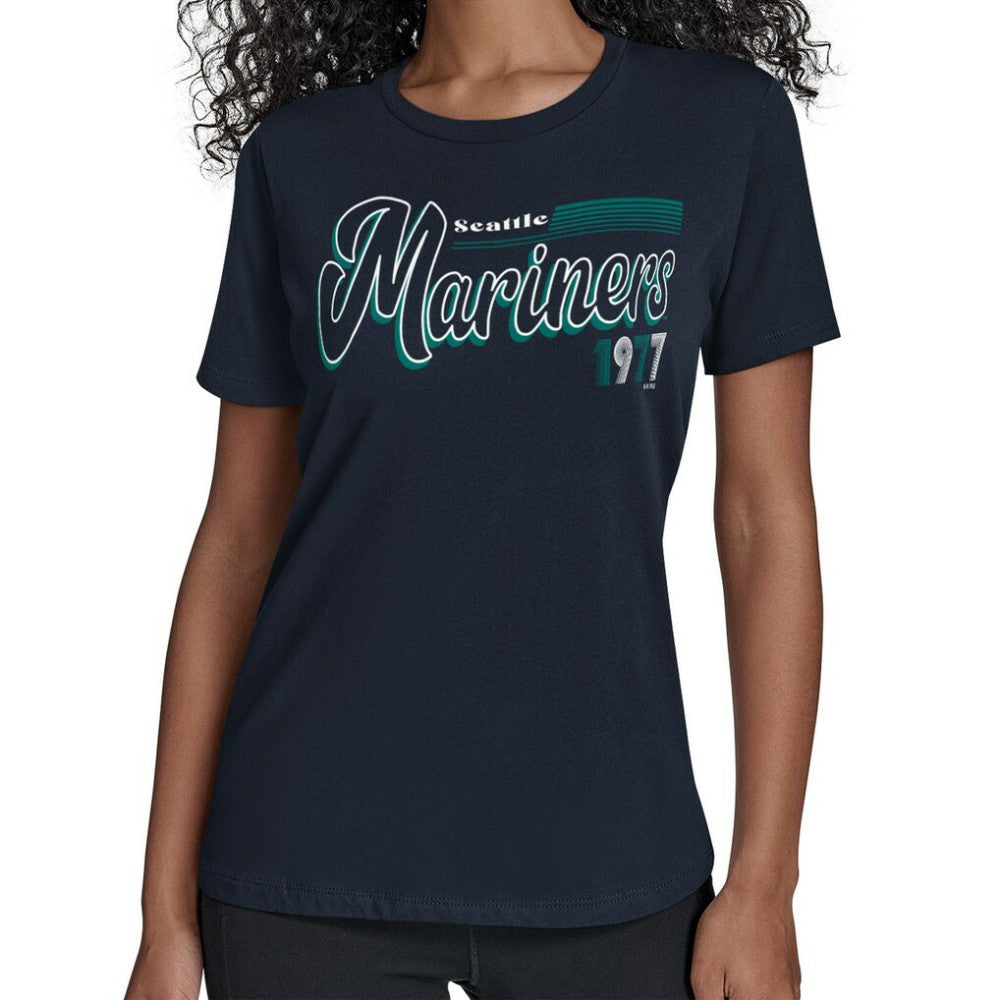 Seattle Mariners Starter Women's Groovy Script Team Fitted T-Shirt - Navy